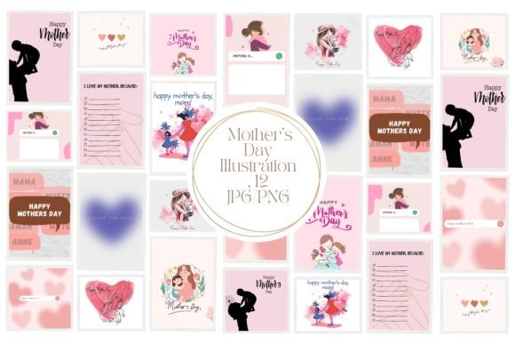12 Mother's Day Illustrations, JPG/PNG: A Designer's Toolkit for Heartfelt Projects
