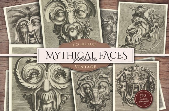 Mythical Faces Illustrations: Vintage Charm for Modern Projects