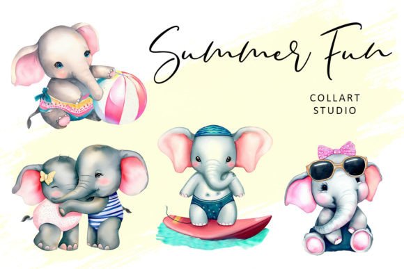 Summer Fun with Cute Elephants: A Hand-Drawn Clipart Set for Creative Projects