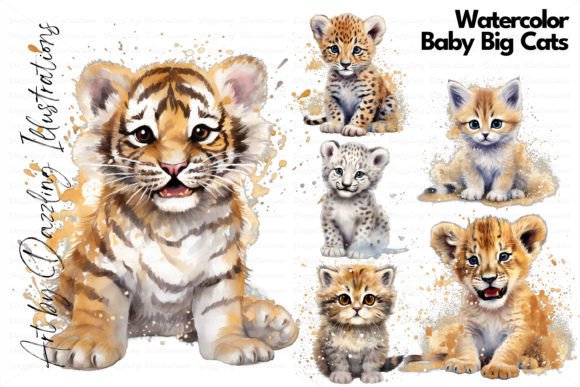 Watercolor Baby Big Cats Illustrations for Adorable Design Projects